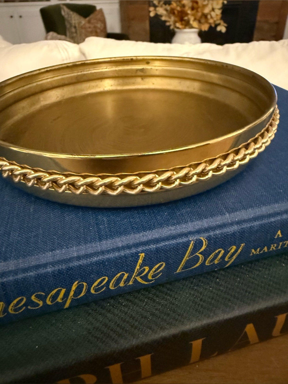 Vintage England Brass Tone Wine Bottle Coaster Chain Link Equestrian Decor